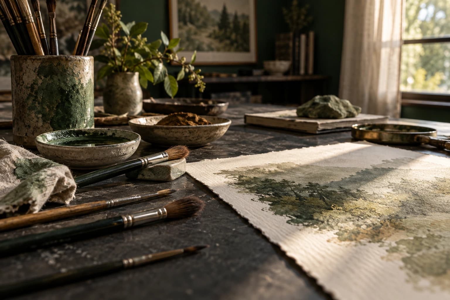 Representative detail of brushes, pigment, and textured paper