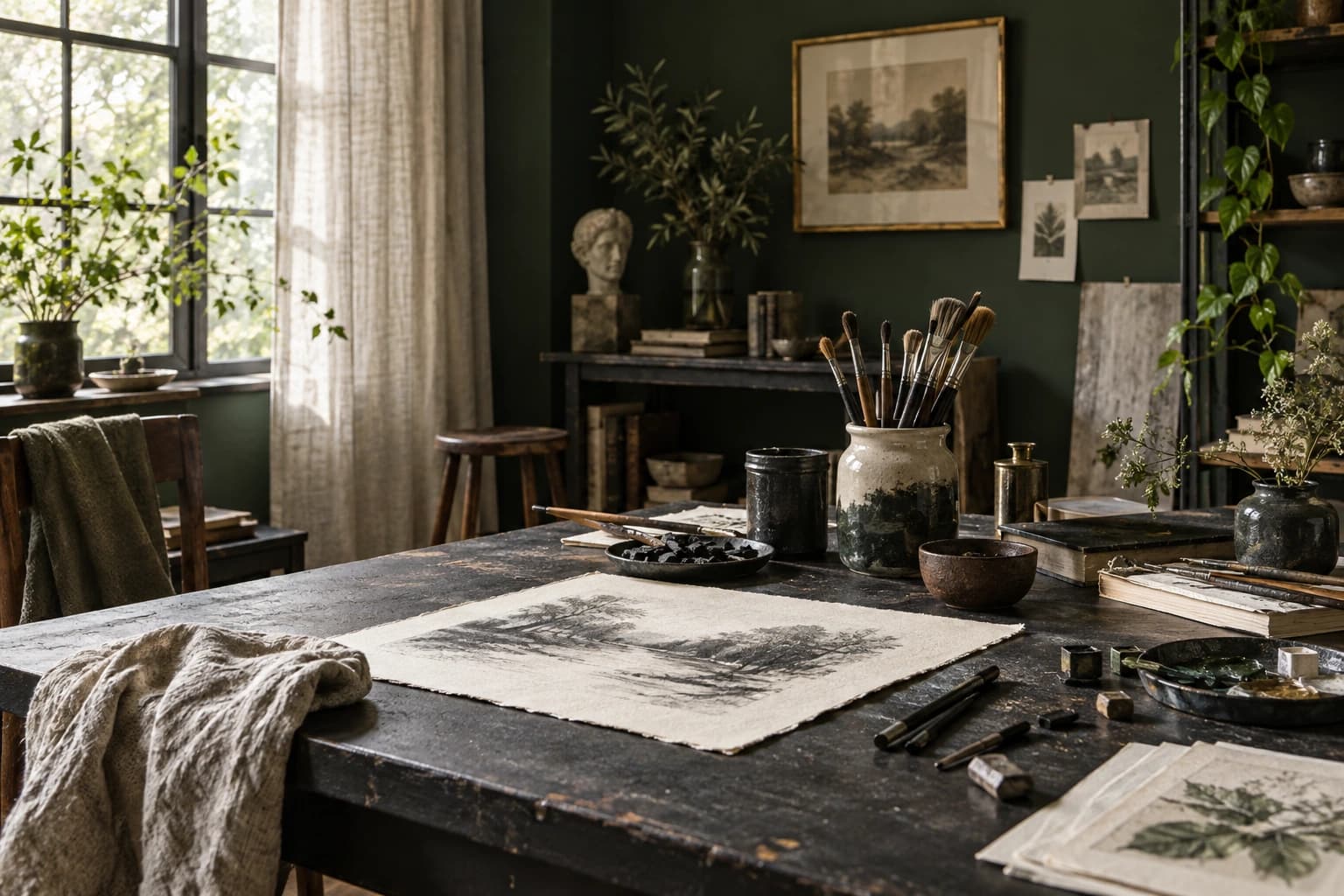 Representative studio scene with natural light and artists’ materials