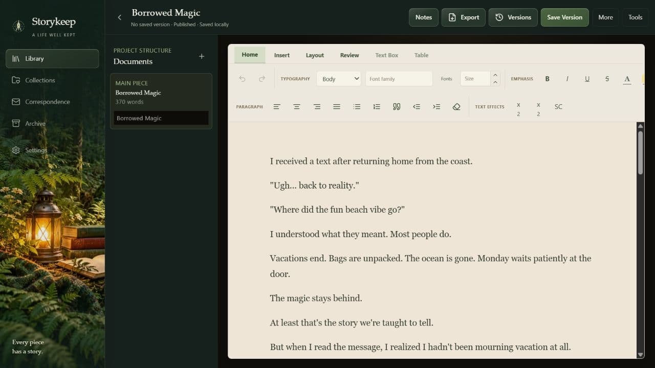 Storykeep editor with formatting tools, document structure, and saved versions