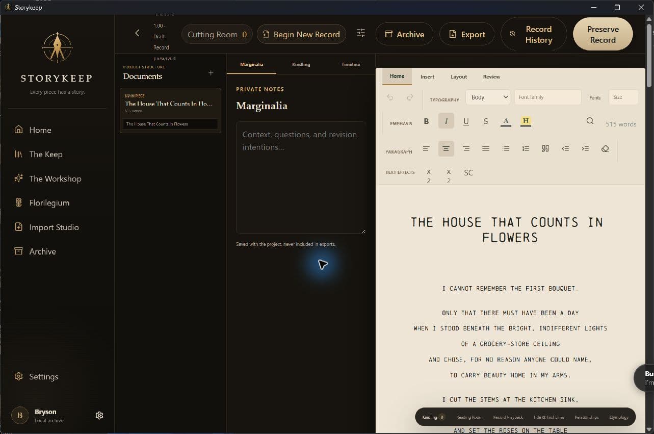 The Storykeep writing workspace