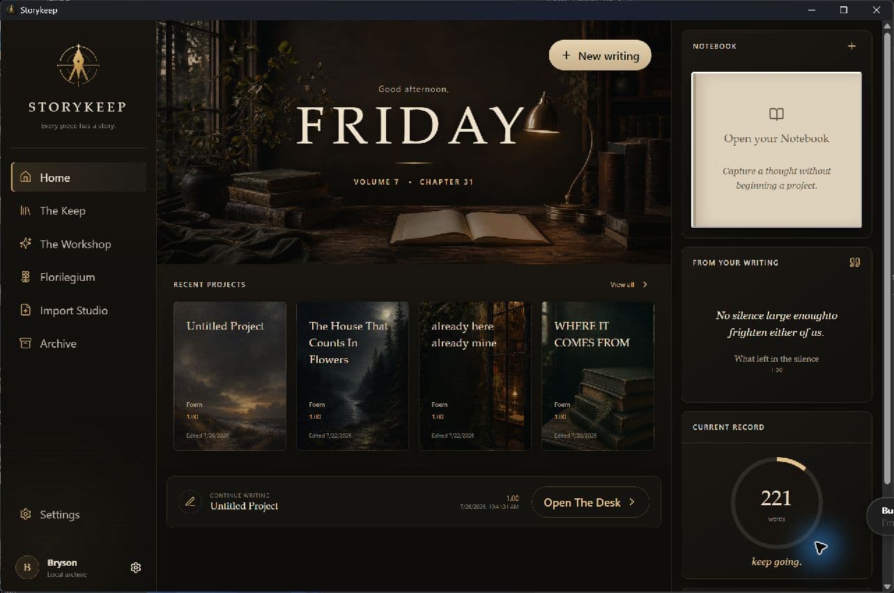 Storykeep Home screen showing the current application