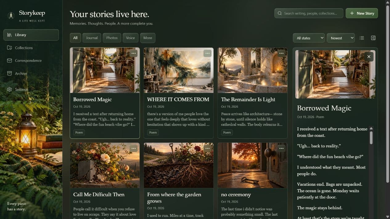 Storykeep Library with illustrated writing cards and a reading preview